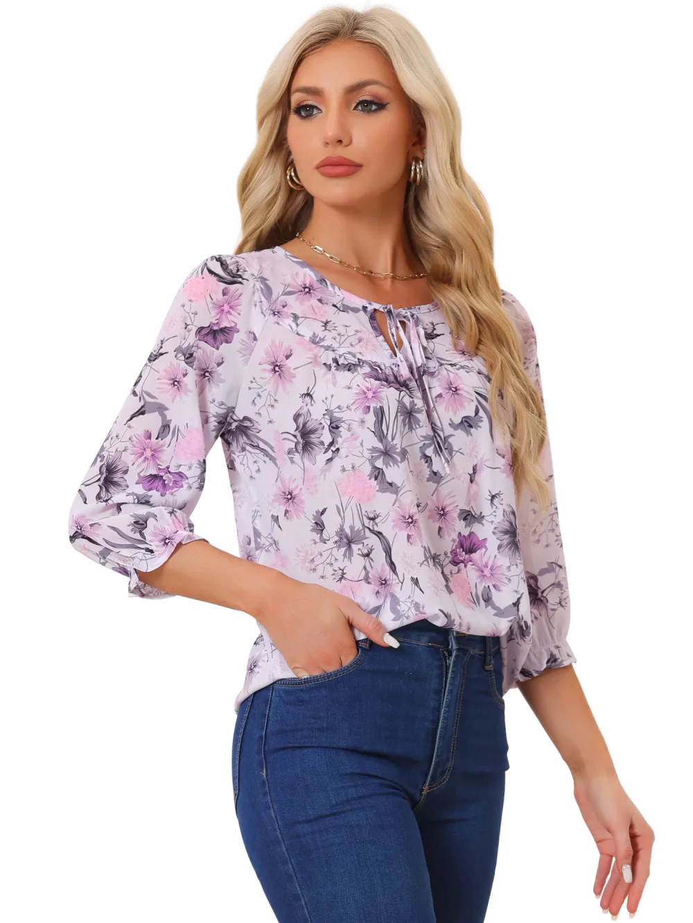 Allegra K- Tie V Neck Ruffled 3/4 Sleeve Floral Blouse