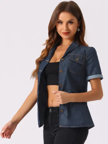 Allegra K- Button Down Notched Collar Jean Shirt