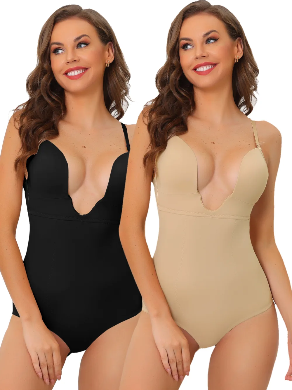 Allegra K - U Plunge Built-in Bra Leotard Bodysuit Pack