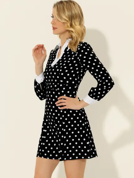 Allegra K- Contrast Cuff Polka Dots a Line Long Sleeve Dress