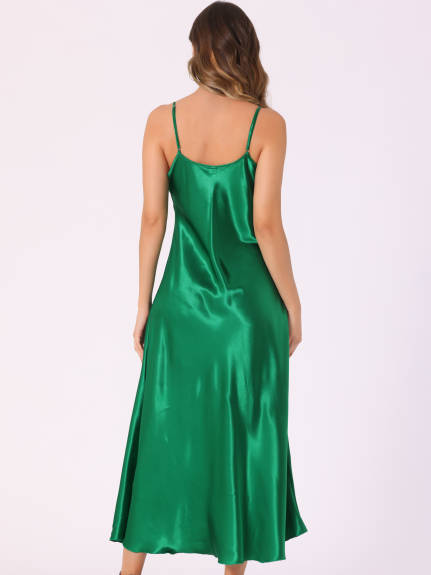 Allegra K - Satin V Neck Spaghetti Strap Maxi Dress