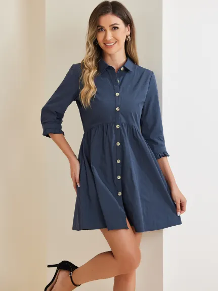 Allegra K- 3/4 Sleeve Button Up Flare Shirt Dress