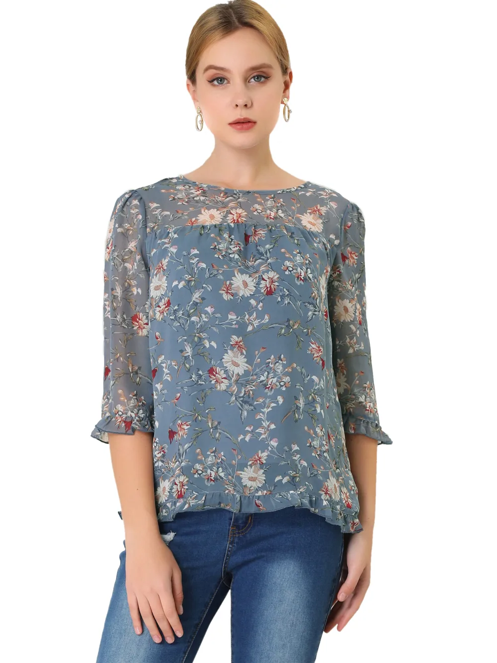 Allegra K- Floral Ruffled 3/4 Sleeve Chiffon Blouse