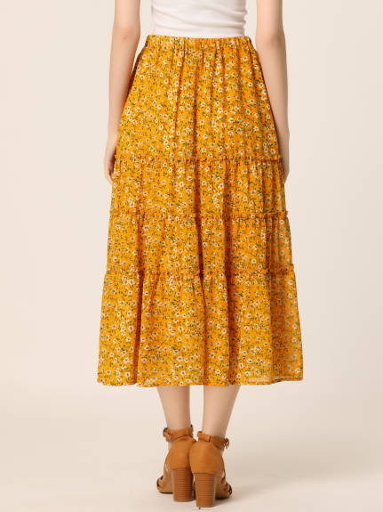 Allegra K- Floral Tiered A-Line Long Chiffon Skirt