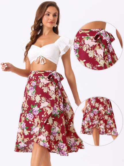 Allegra K- Floral Boho Wrap Midi Skirt