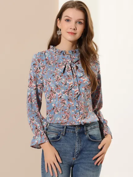 Allegra K- Floral Bow Tie Neck Ruffled Collar Blouse