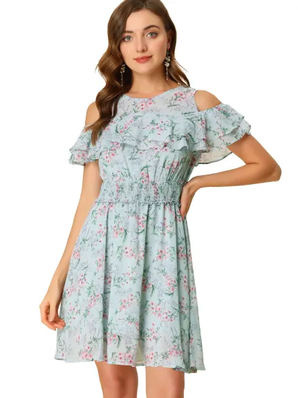 Allegra K- Cold Shoulder Smocked Waist Chiffon Floral Mini Dress