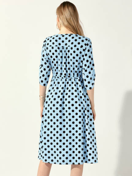 Allegra K - Polka Dots Ruched Sleeve Midi Dress