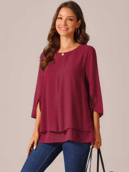 Allegra K - Casual Round Neck 3/4 Sleeve Chiffon Blouse