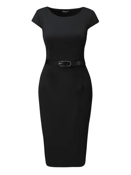 Allegra K - Cap Sleeve Work Belted Sheath Dress