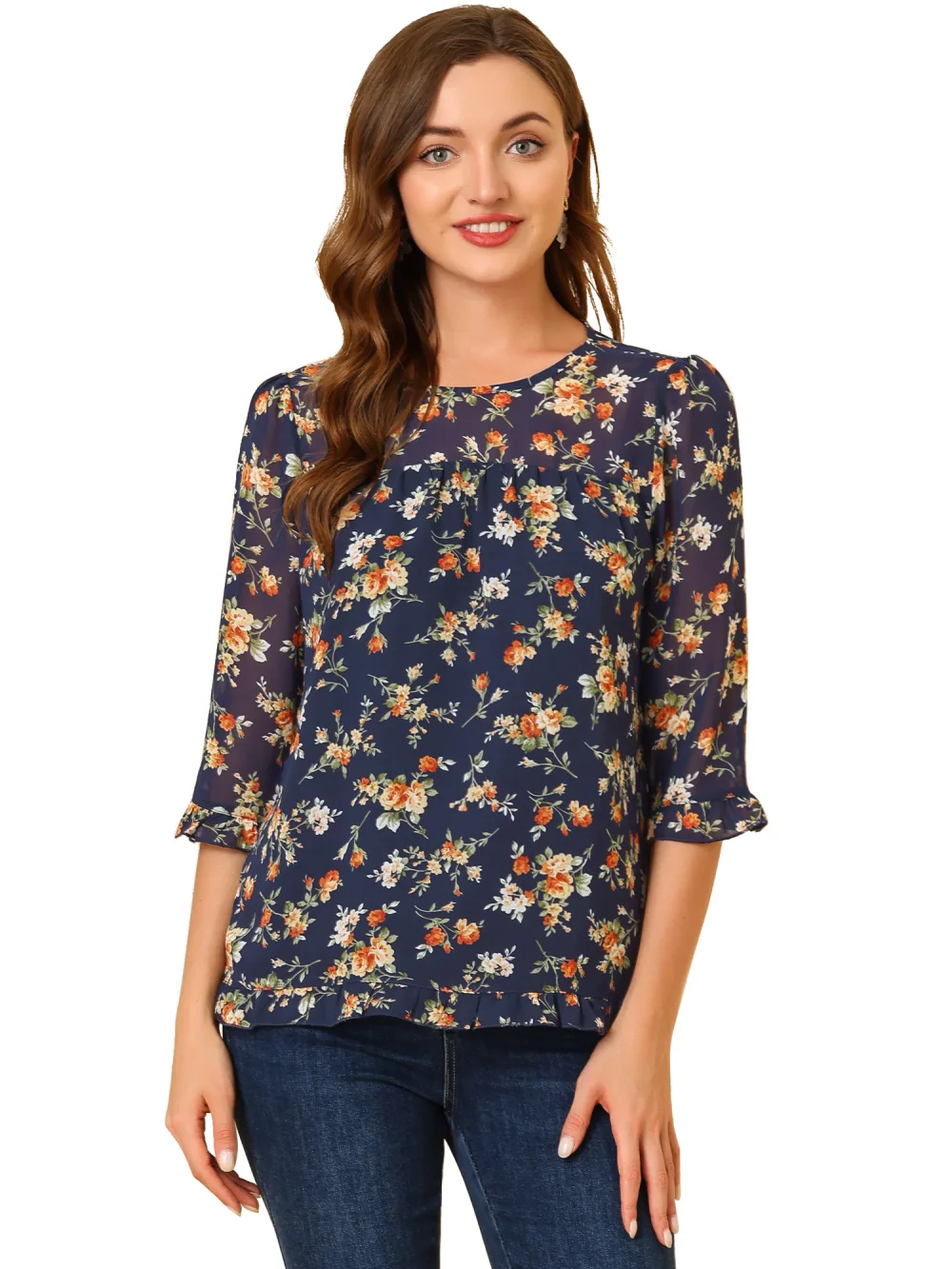 Allegra K- Blouse florale en mousseline à manches 3/4 et à volants