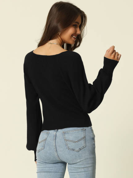 Allegra K- Bishop Sleeve Square Neck Ribbed Knit Crop Sweater Top