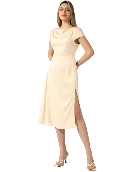 Allegra K - Satin Cowl Neck Cap Sleeve Midi Dress