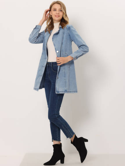 Allegra K- Notched Lapel Button Belted Long Denim Jacket