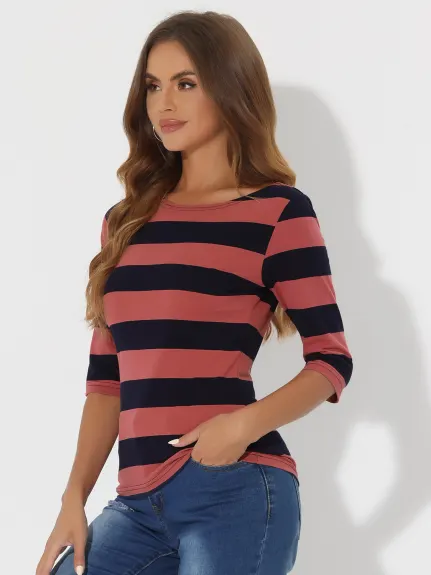 Allegra K- Boat Neck Elbow Sleeve Slim Fit Stripe T-Shirt