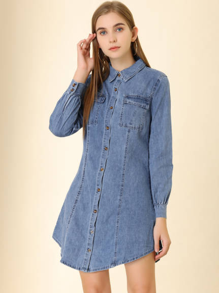 Allegra K- Long Sleeve Curved Hem Denim Shirt dress