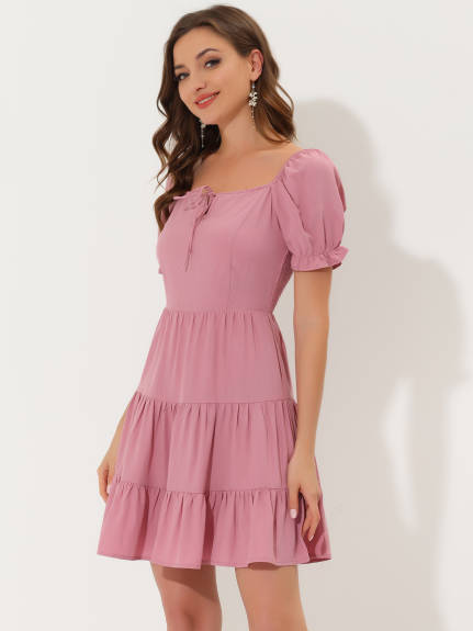 Allegra K- Tie Neck Ruffle Short Sleeve Dress