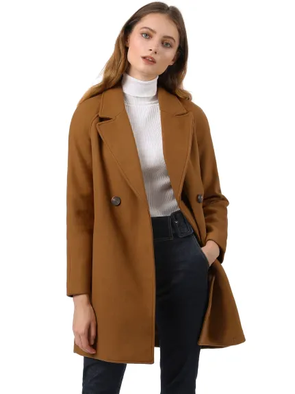 Allegra K- Double Breasted Lapel Raglan Sleeve Mid Length Overcoat