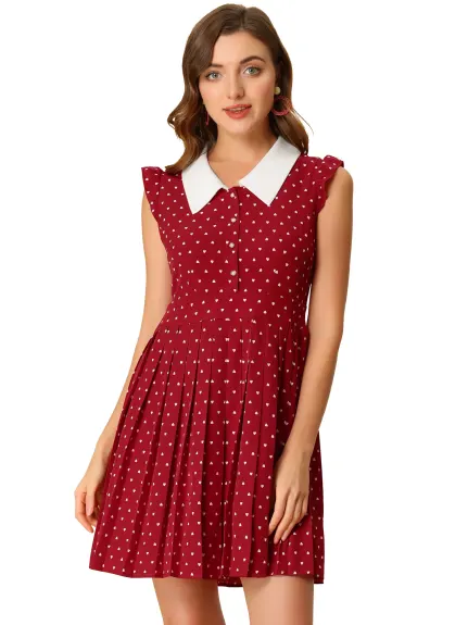 Allegra K- Ruffle Cap Sleeve Heart Print Pleated Dress