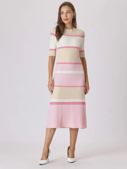 Hobemty- Short Sleeve Striped Knit A-Line Midi Dress