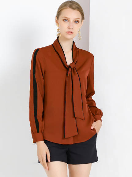 Allegra K- Tie Bow Neck Contrast Trim Blouse