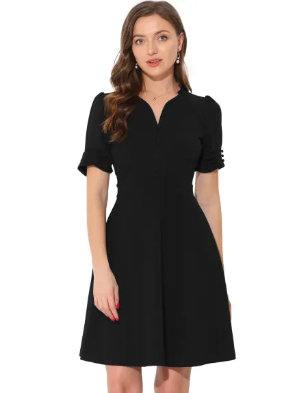 Allegra K- Elegant Puff Sleeve V Neck A-Line Dress