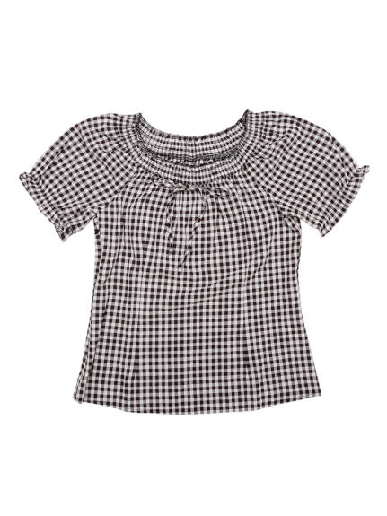 Allegra K- Plaid Round Neck Puff Sleeve Top