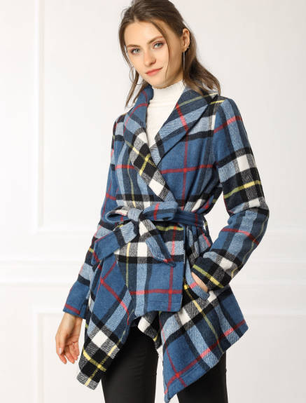 Allegra K- Turn Down Collar Asymmetric Hem Plaids Coat