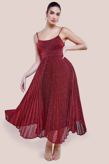 Goddiva - Tie Back Pleated Lurex Skater Midi Dress