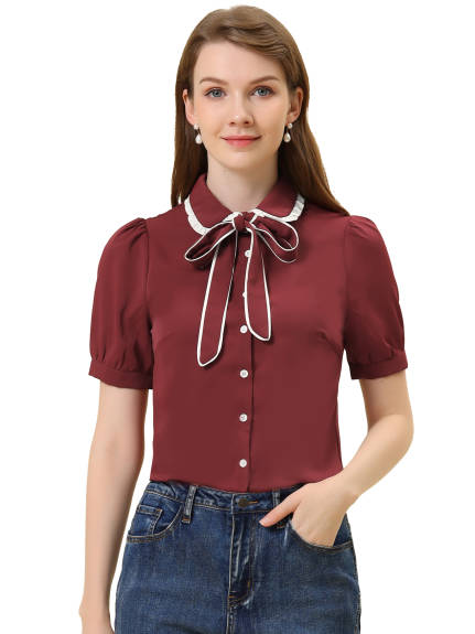 Allegra K- Contrast Puff Sleeve Button Up Tie Neck Blouse