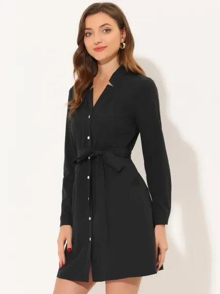 Allegra K- Notched V Neck Stand Collar Button Down Belted Dress