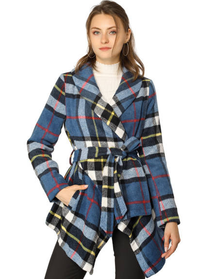 Allegra K- Turn Down Collar Asymmetric Hem Plaids Coat