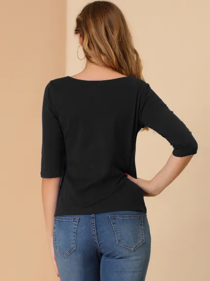 Allegra K- manches coudées col rond coupe Slim Tee