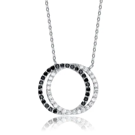 Genevive Sterling Silver White Gold Plating with Clear Cubic Zirconia Double Outlined Circle Neckalce