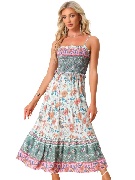 Allegra K- Boho Floral Spaghetti Strap Smocked Dress