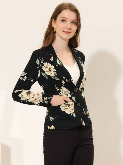 Allegra K- Floral Notched Lapel Button Closure Blazer