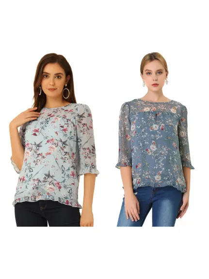 Allegra K- Blouse florale en mousseline à manches 3/4 et à volants