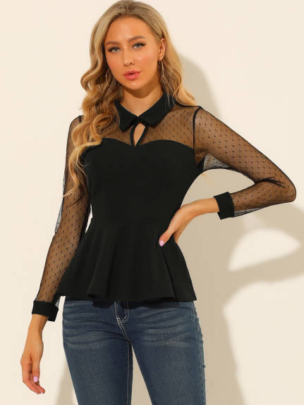 Allegra K- Mesh Sheer Long Sleeve Collar Keyhole Peplum Top