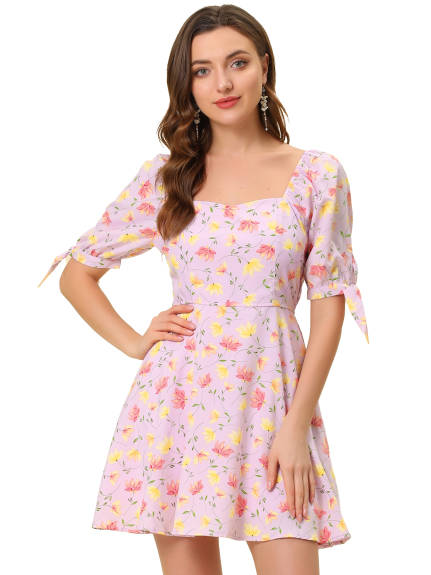 Allegra K- Floral Sweetheart Neck Flare A-Line Mini Dress