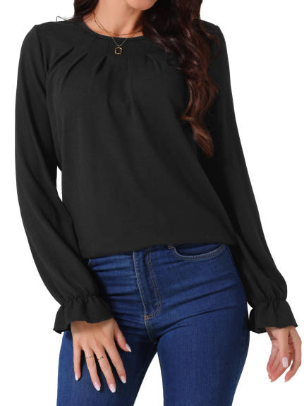 INSPIRE CHIC - Crew Neck Smocked Cuff Long Sleeve Blouse