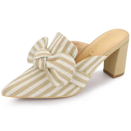 Allegra K- Stripe Pointed Toe Block Heel Bow Slides Mules