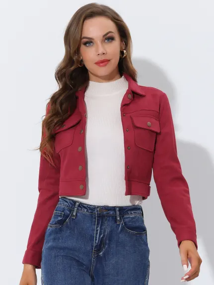 Allegra K- Faux Suede Notched Collar Button Up Cropped Jacket