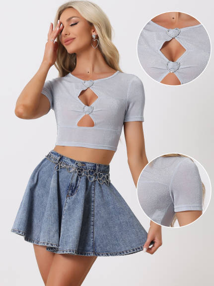 Allegra K - Glitter Cut Out Crop Tops