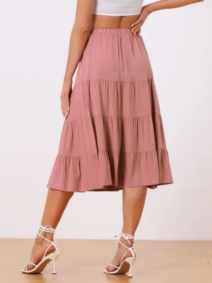 Allegra K- Elastic Waist Tiered A-Line Midi Skirt