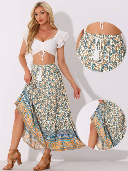 Allegra K- Boho Floral Elastic Waist Maxi Skirt