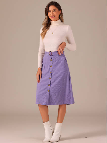 Allegra K - Button Front A-Line Belted Corduroy Skirt