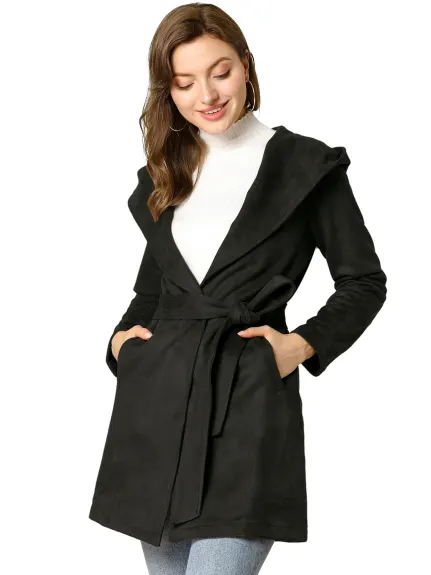 Allegra K- Trench-coat ceinturé à capuche et revers en faux suède