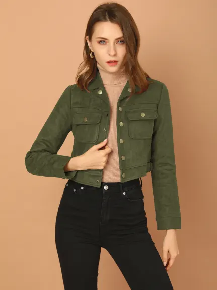 Allegra K- Faux Suede Notched Collar Button Up Cropped Jacket