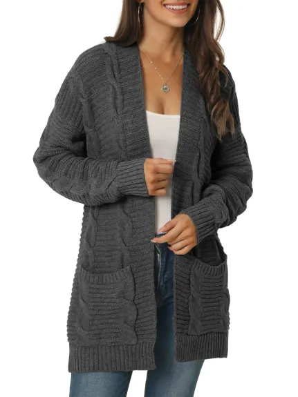 Allegra K- Cable Knit Open Front Sweater Cardigan with Pockets