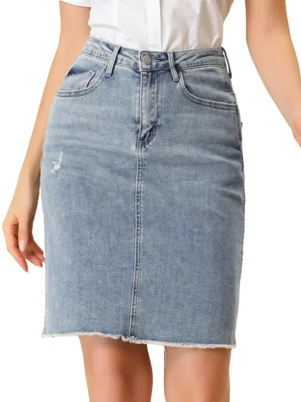 Allegra K- Distressed Ripped Hem Washed Denim Skirt